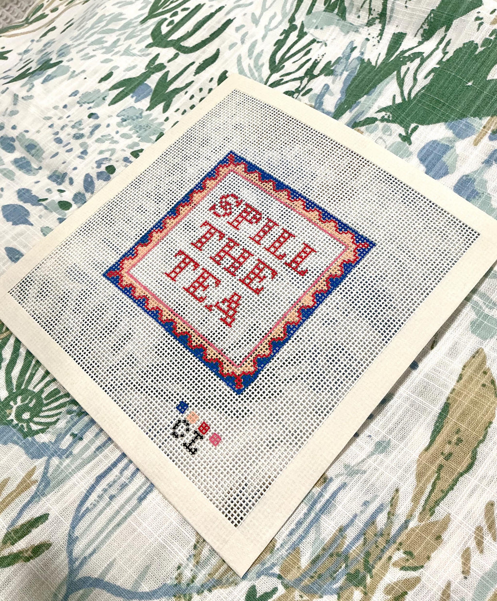 Needlepoint Canvas | Spill the Tea | (4x4 inch) 14 mesh | Hand-Painted | Coaster Size
