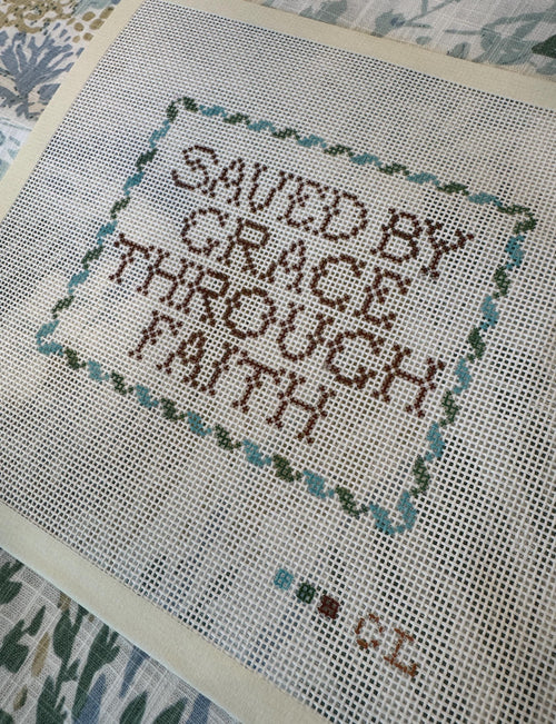 Needlepoint Canvas | Ephesians 2 Saved by Grace (approx 4x6 inch) 14 mesh