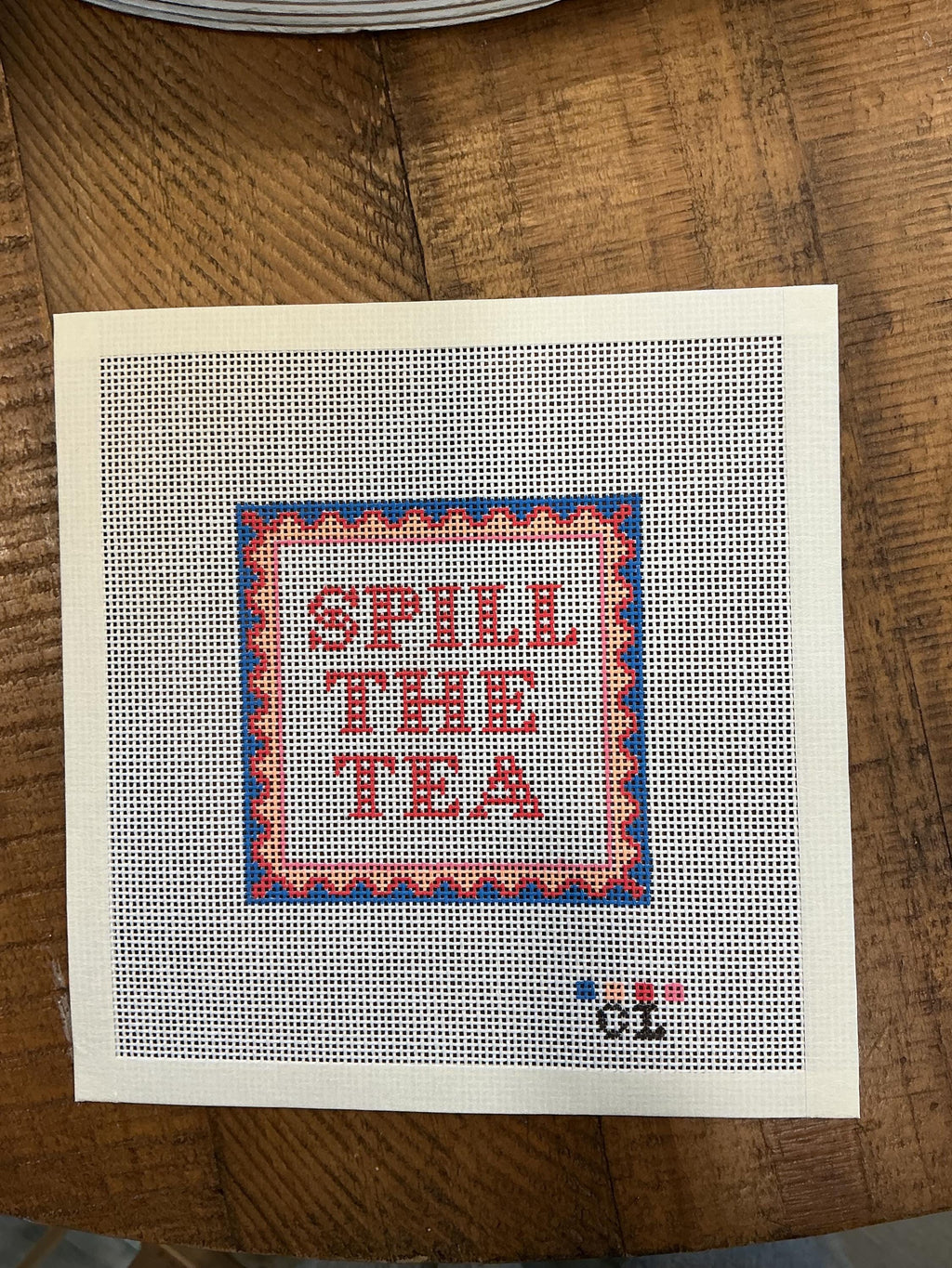 Needlepoint Canvas | Spill the Tea | (4x4 inch) 14 mesh | Hand-Painted | Coaster Size